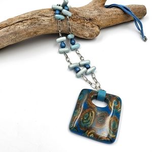 Abstract Teal and Brown Square Pendant Necklace